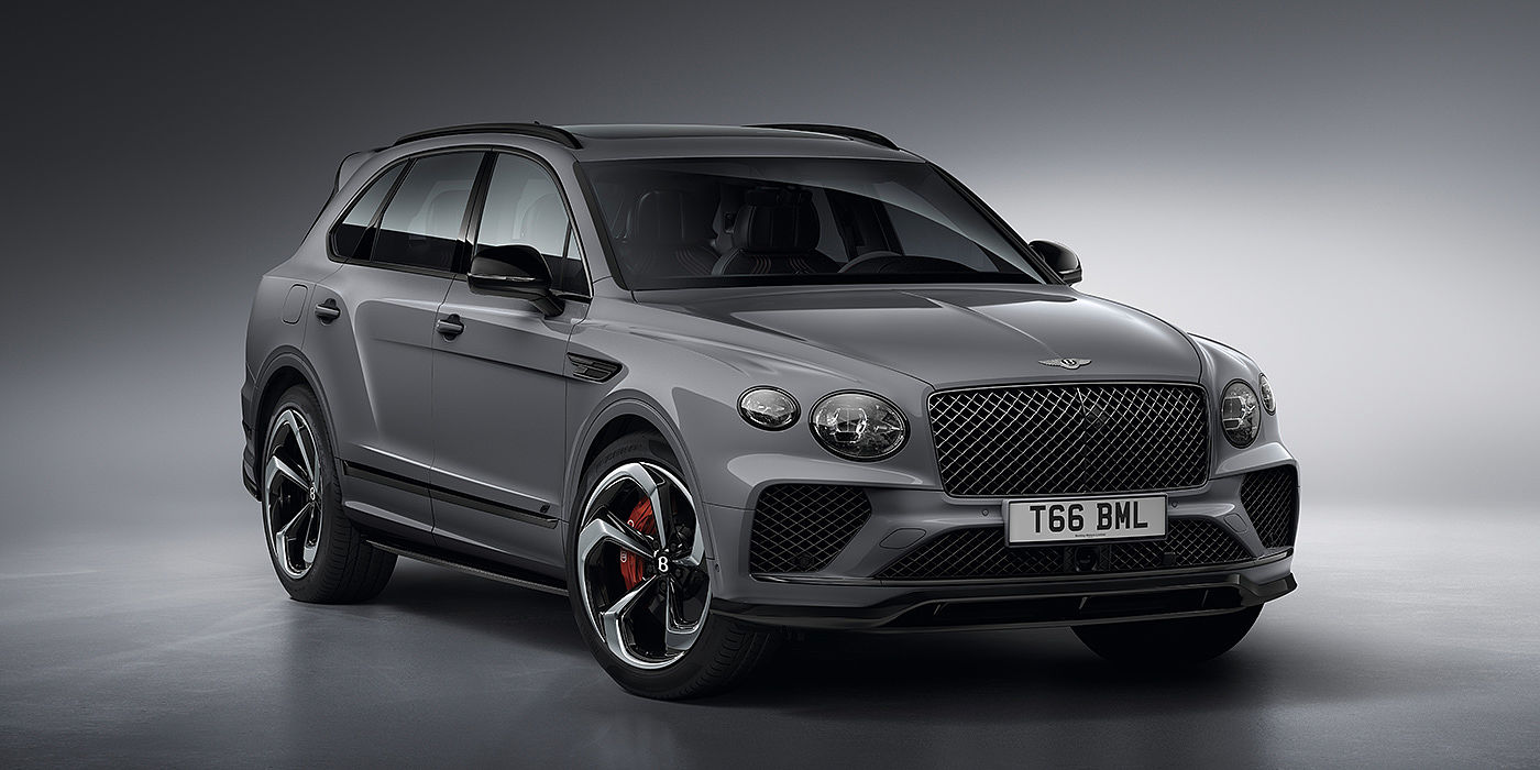 Bentley Taipei Bentley Bentayga S in Cambrian Grey paint front three - quarter view with dark chrome matrix grille and featuring elliptical LED matrix headlights. 