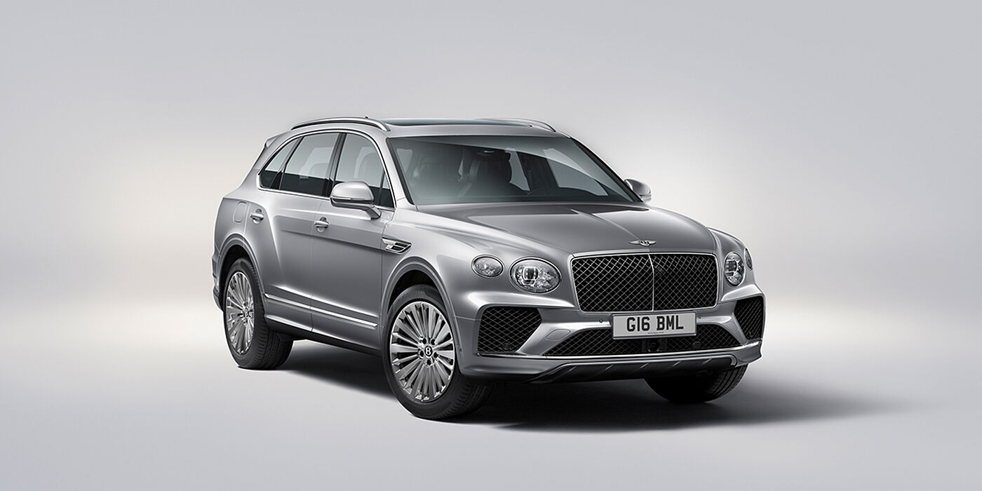 Bentley Taipei Bentley Bentayga luxury SUV front three quarter view in Moonbeam paint with matrix grille and 21″ 5 spoke painted wheels