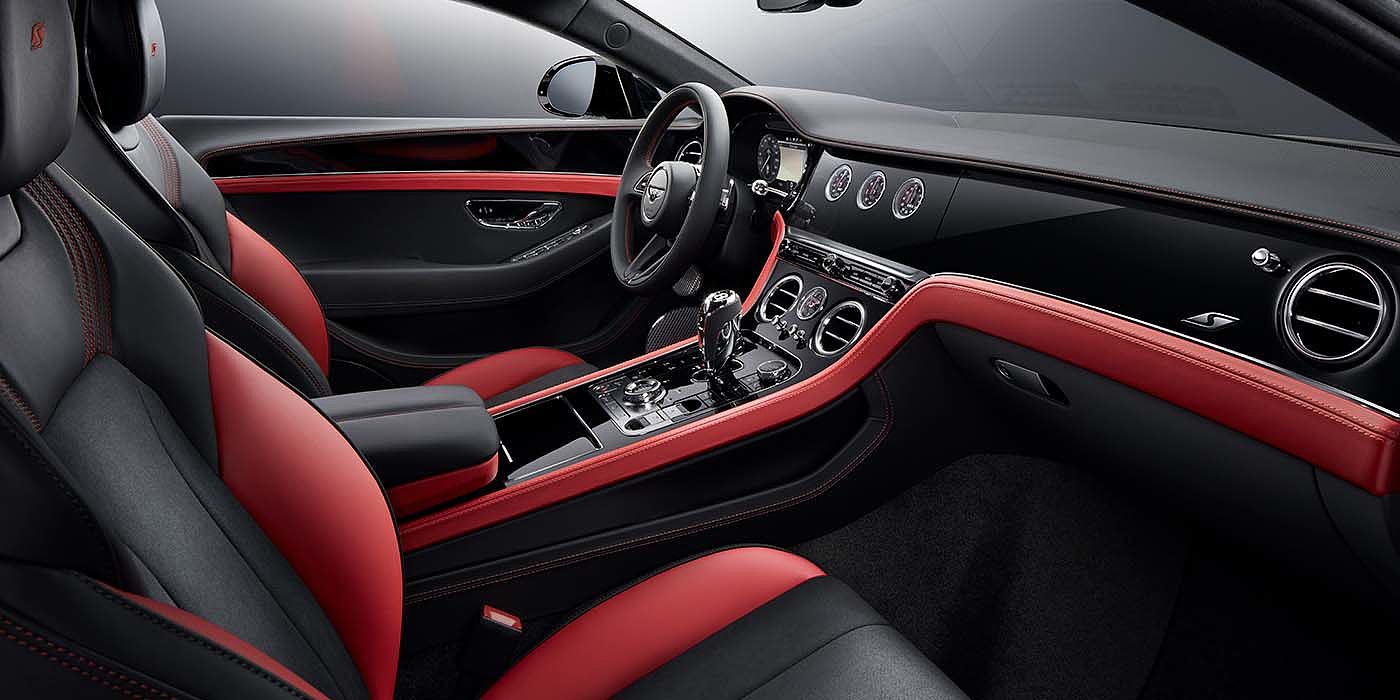 Bentley Taipei Bentley Continental GT S coupe front interior in Beluga black and Hotspur red hide with high gloss Carbon Fibre veneer