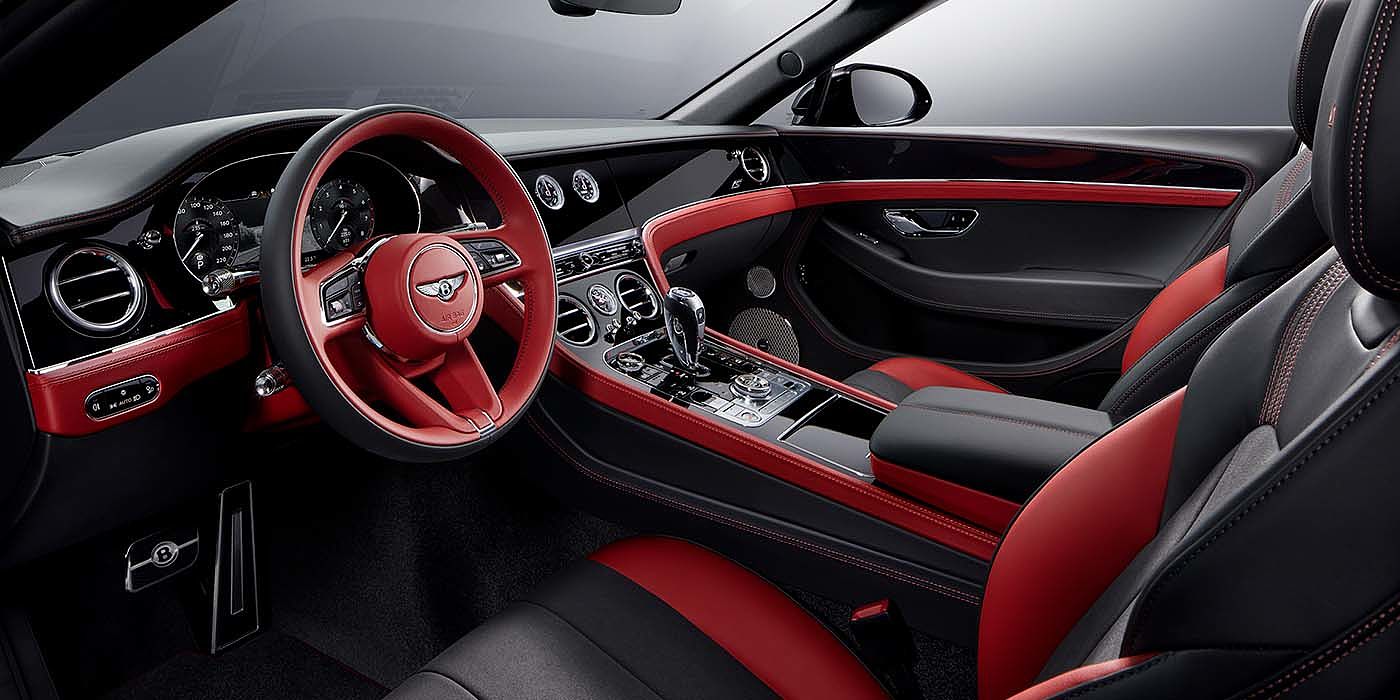 Bentley Taipei Bentley Continental GTC S convertible front interior in Beluga black and Hotspur red hide with high gloss carbon fibre veneer