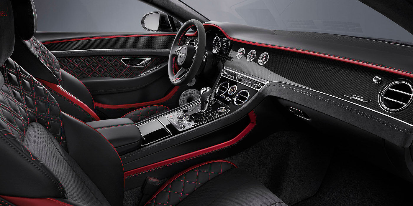 Bentley Taipei Bentley Continental GT Speed coupe front interior in Beluga black and Hotspur red hide