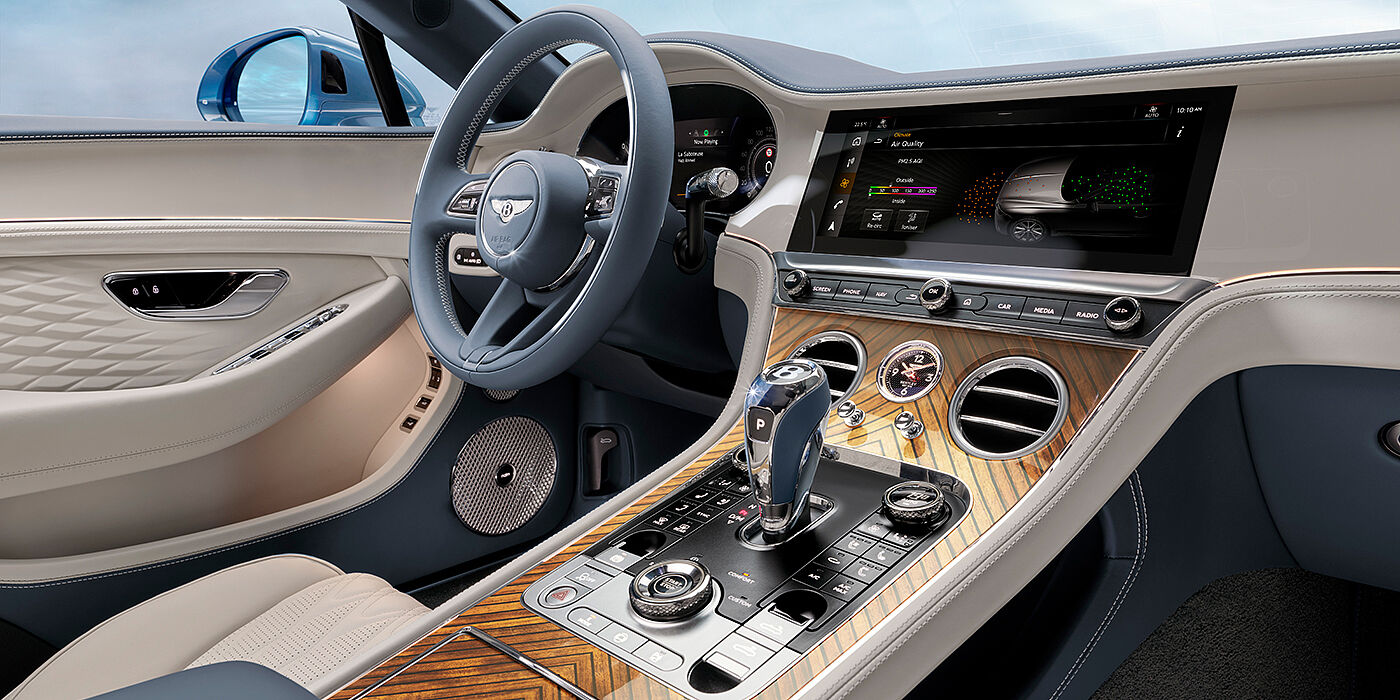 Bentley Taipei New Bentley Continental GTC Azure convertible interior front cabin view with Linen and Brunel hides and Piano Linen by Mulliner veneer featuring centre console and centre MMI screen