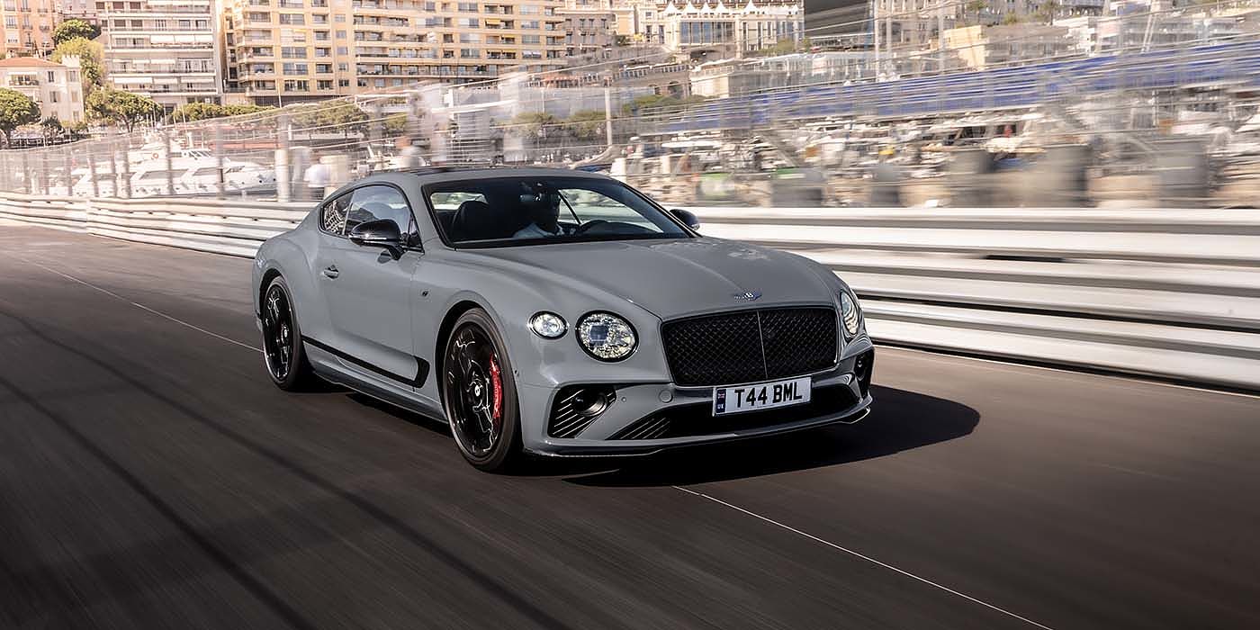 Bentley Taipei Bentley Continental GT S coupe in Cambrian Grey paint front 34 dynamic driving on track