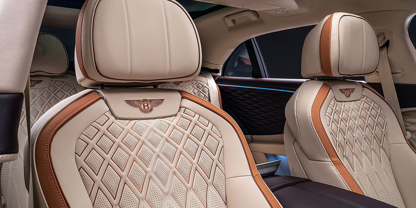 Bentley Taipei Bentley Flying Spur Odyssean sedan rear seat detail with Diamond quilting and Linen and Burnt Oak hides