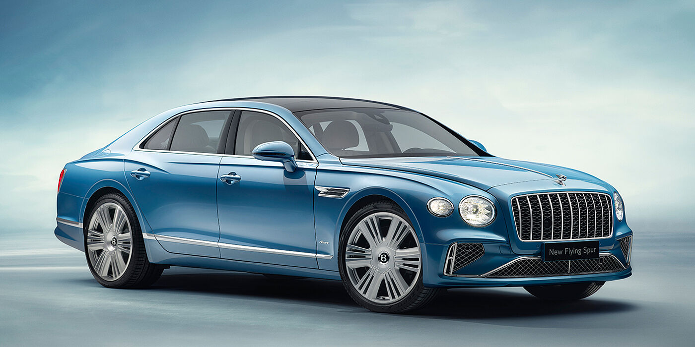 Bentley Taipei New Bentley Flying Spur Azure sedan front view in Light windsor blue by Mulliner paint with 22 inch Azure wheels and chrome exterior details