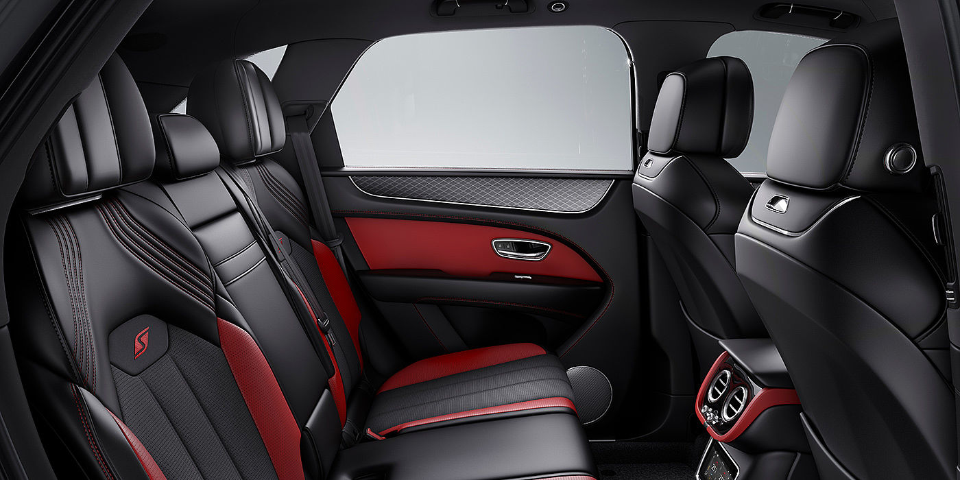 Bentley Taipei Bentey Bentayga S interior view for rear passengers with Beluga black and Hotspur red coloured hide.