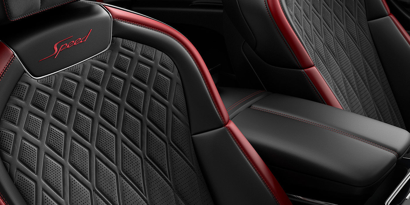 Bentley Taipei Bentley Flying Spur Speed sedan seat stitching detail in Beluga black and Cricket Ball red hide