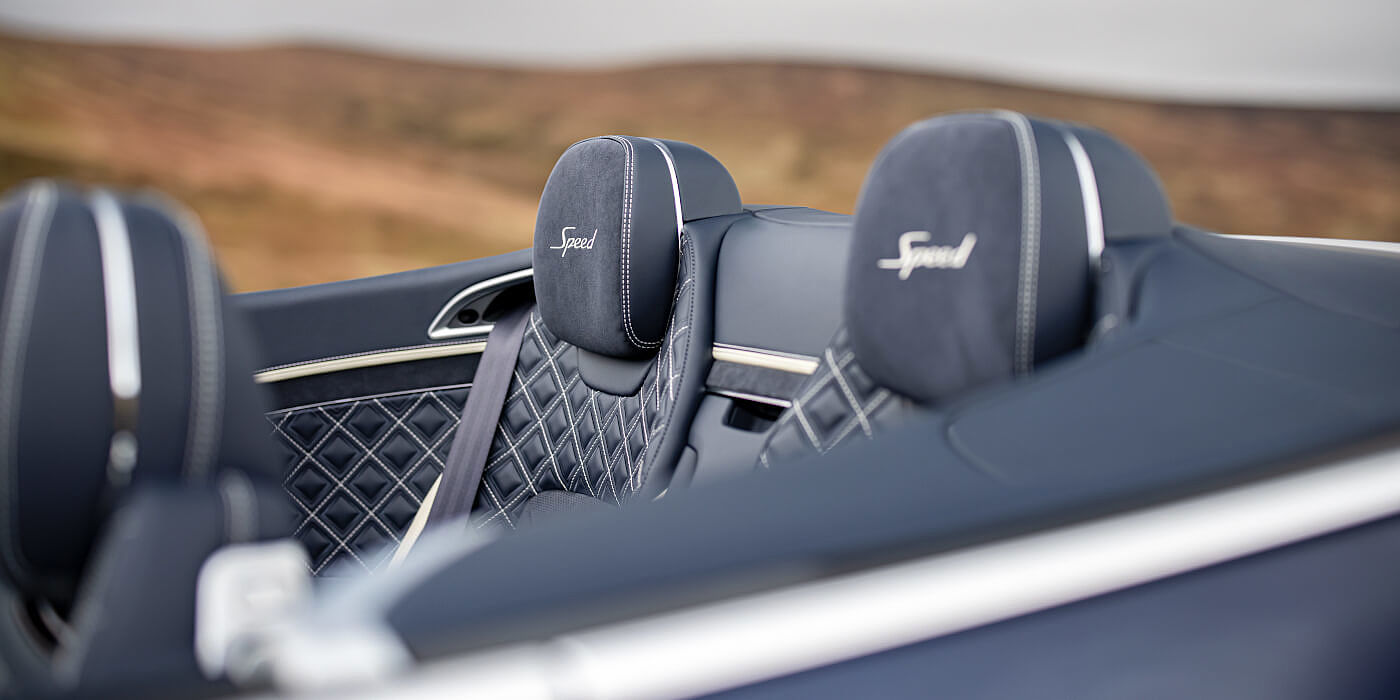 Bentley Taipei Bentley Continental GTC Speed convertible rear interior in Imperial Blue and Linen hide