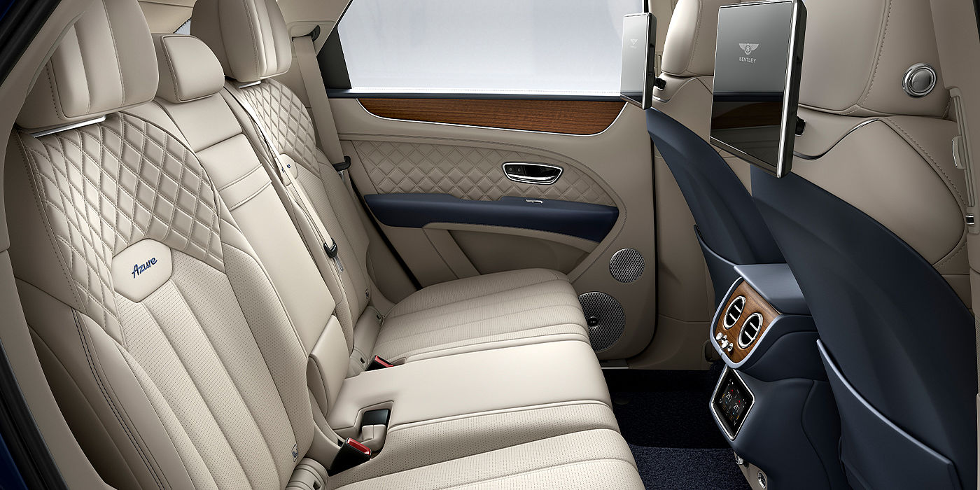 Bentley Taipei Bentley Bentayga Azure SUV rear interior in Imperial Blue and Linen hide