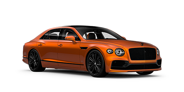 Bentley Taipei Bentley Flying Spur Speed front side angled view in Orange Flame coloured exterior. 