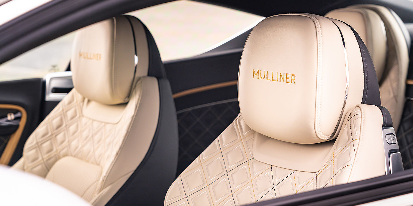 Bentley Taipei Bentley Continental GT Mulliner coupe seat detail in Beluga black and Linen hide