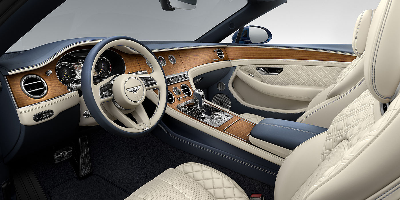 Bentley Taipei Bentley Continental GTC Azure convertible front interior in Imperial Blue and Linen hide