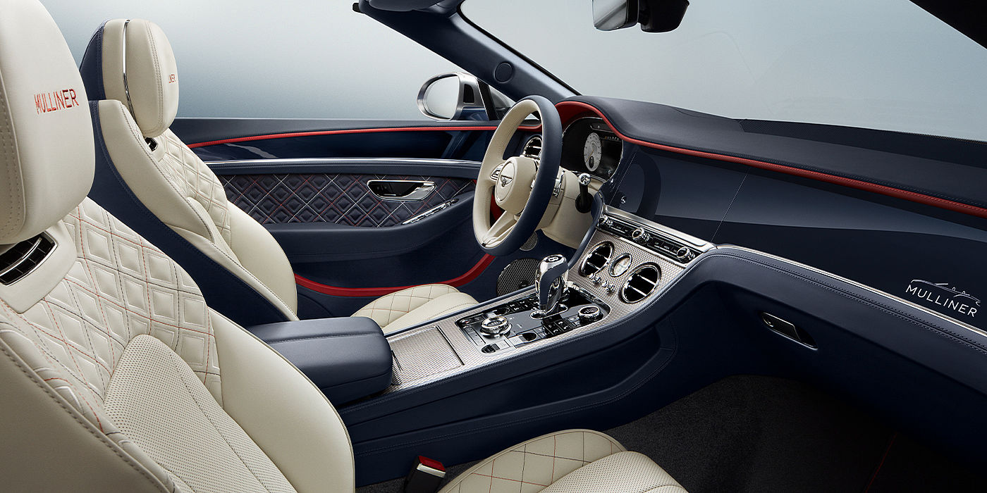 Bentley Taipei Bentley Continental GTC Mulliner convertible front interior in Imperial Blue and Linen hide